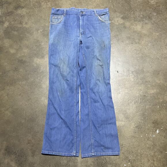 Vintage 70s Jean Team Blue Bell Bottom Flared Jeans 34x31 - Picture 1 of 6